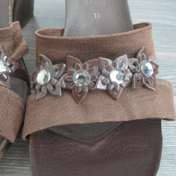 Italian Shoemakers Dark Brown Rhinestone Flower Open Toe Wedge Shoes Sandals 11 - Picture 4 of 16